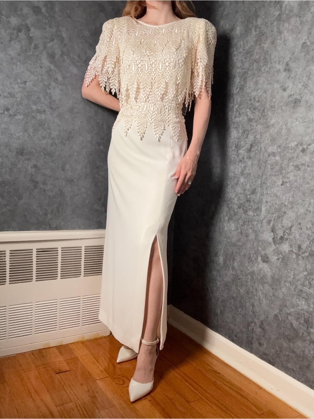 Vintage 1980s Beaded Fringe Wedding Dress — Ivory Cream Excellent Condition